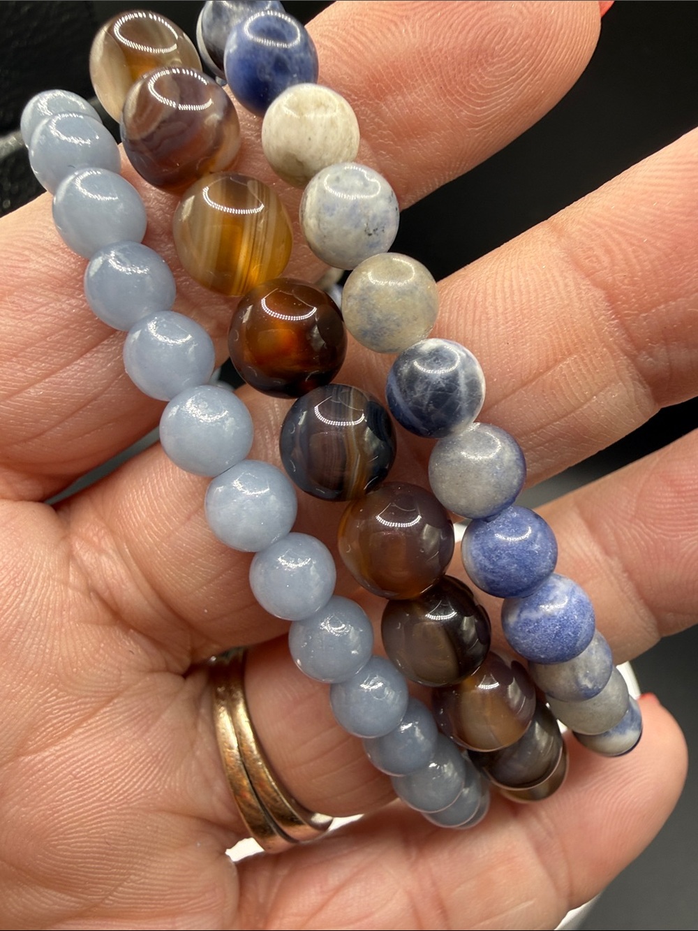 Blue and Brown genuine gemstone Beaded Stretch Bracelet Set